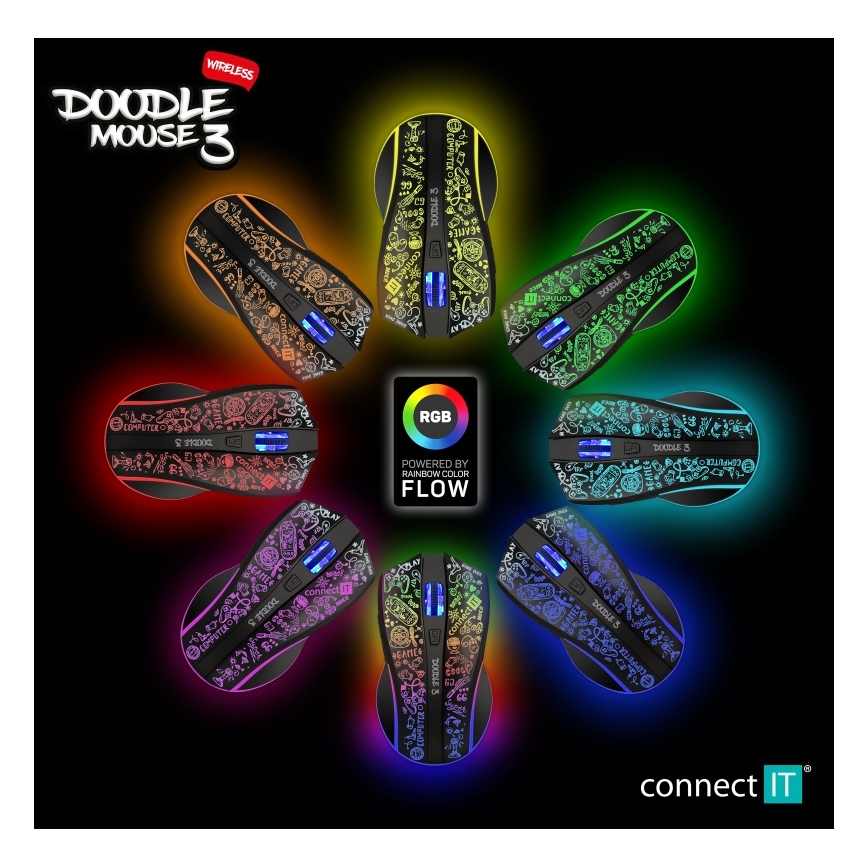 CONNECT IT CMO-3530-DD - LED RGB Bežični punjivi miš za gejming 800/1200/1600/2400/4800 DPI 600 mAh crno