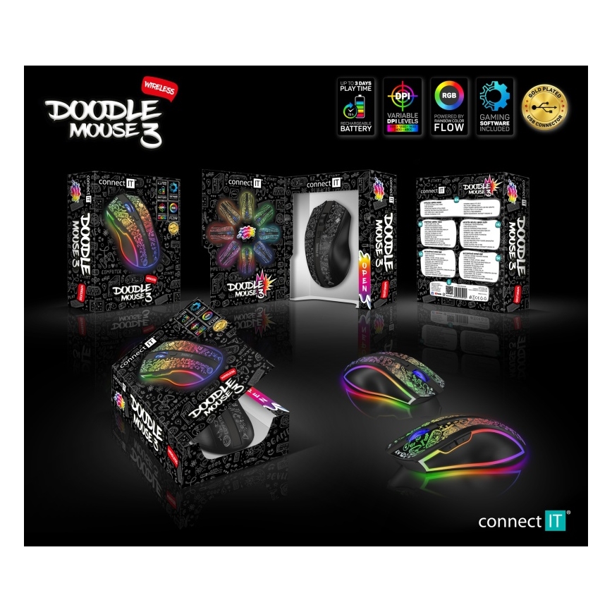 CONNECT IT CMO-3530-DD - LED RGB Bežični punjivi miš za gejming 800/1200/1600/2400/4800 DPI 600 mAh crno