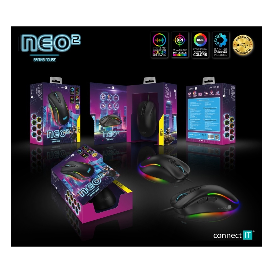 CONNECT IT CMO-3589-BK - LED RGB Gejming miš sa kablom 200-7200 DPI crno