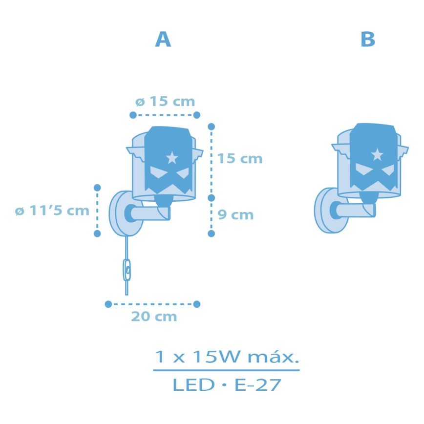 Dalber 61819 - Dečija zidna rasveta plavo HERO 1xE27/15W/230V