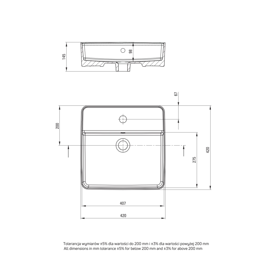 Deante CGS_6U4B - Nadgradni lavabo sa otvorom za slavinu SQUARE 42x42 cm keramika/bela