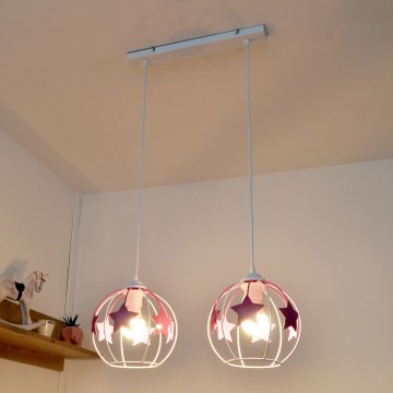 Dečiji luster na sajli STARS 2xE27/15W/230V roze/bela