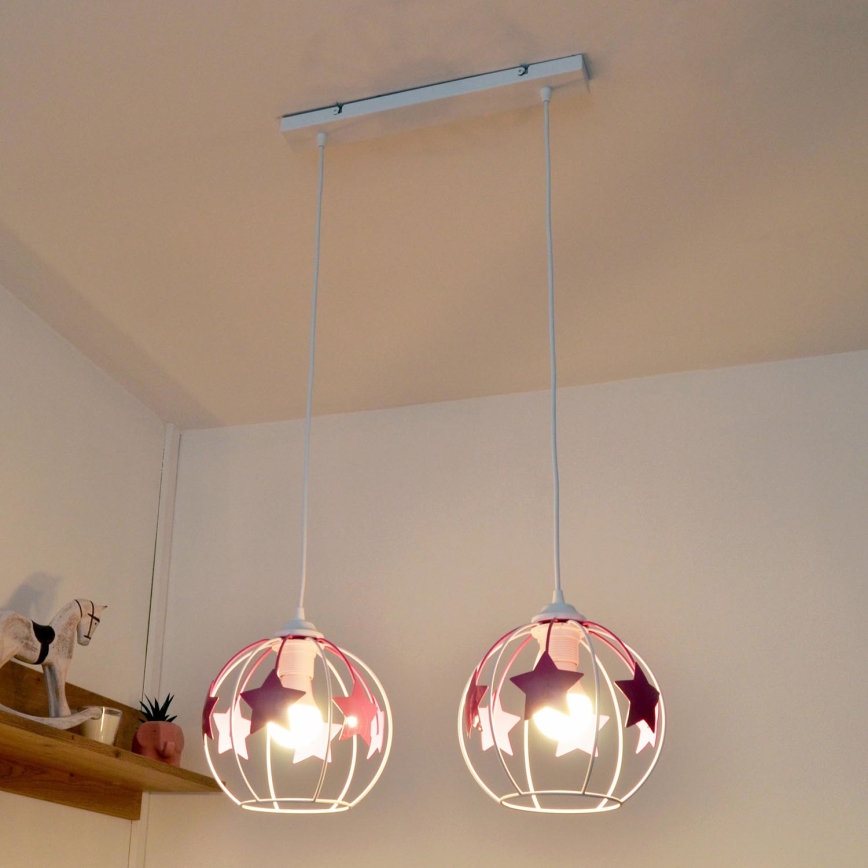 Dečiji luster na sajli STARS 2xE27/15W/230V roze/bela