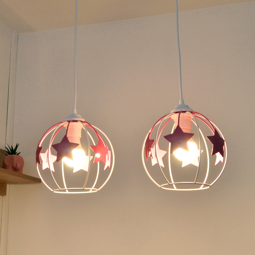 Dečiji luster na sajli STARS 2xE27/15W/230V roze/bela