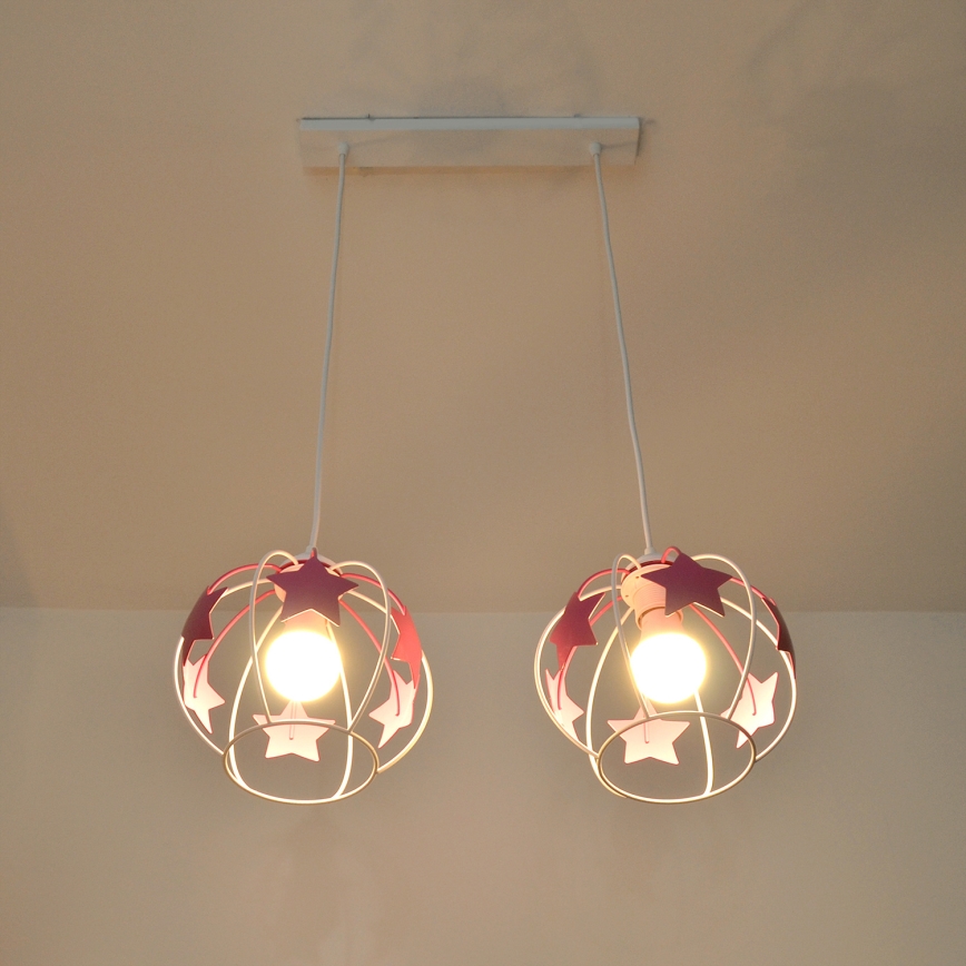 Dečiji luster na sajli STARS 2xE27/15W/230V roze/bela