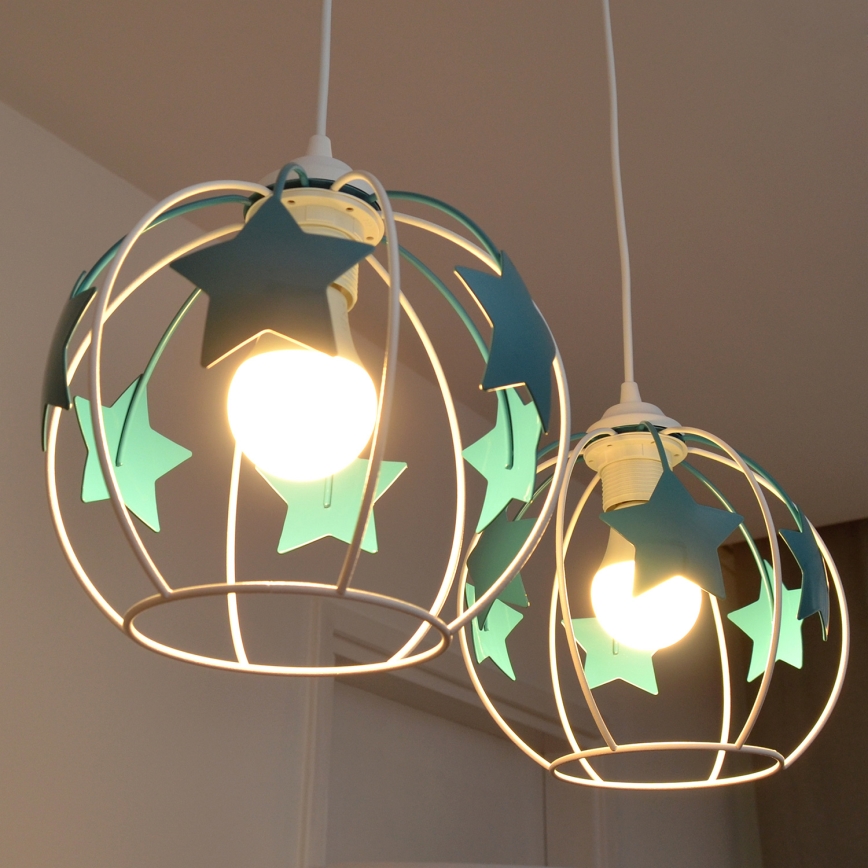 Dečiji luster na sajli STARS 2xE27/15W/230V tirkizna/bela