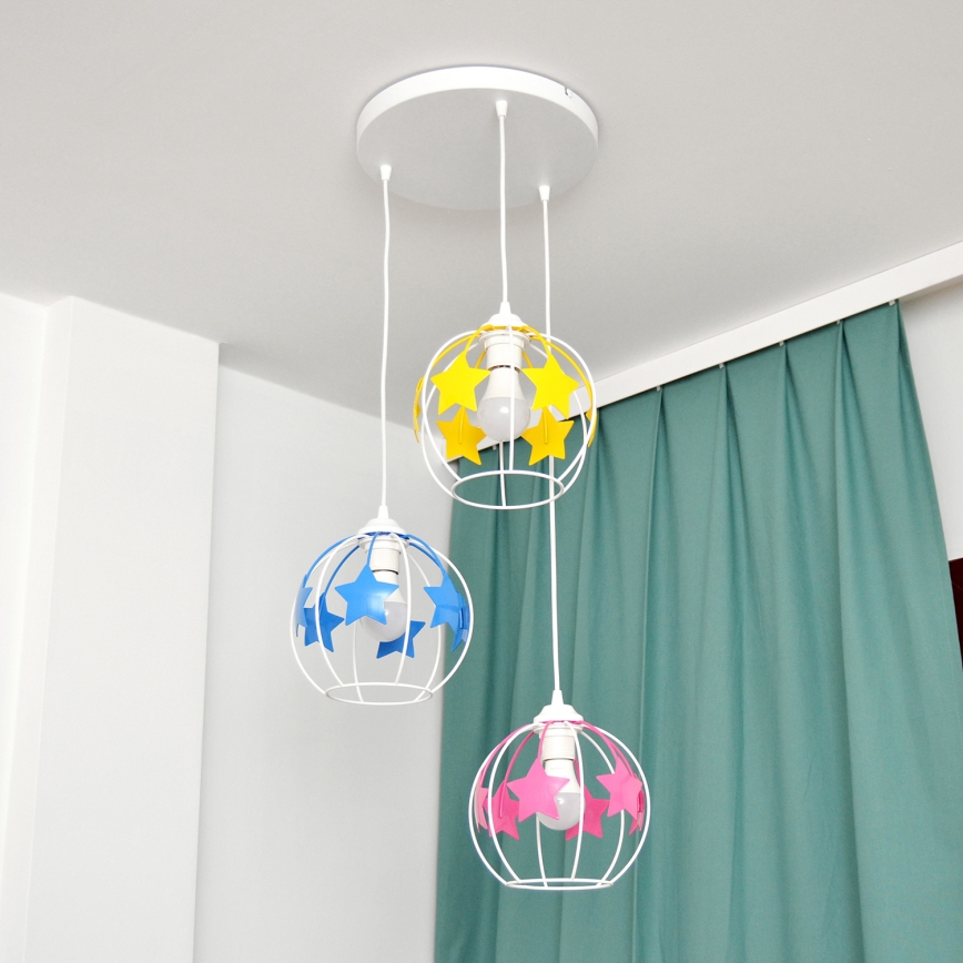Dečiji luster na sajli STARS 3xE27/15W/230V plava/roze/žuta