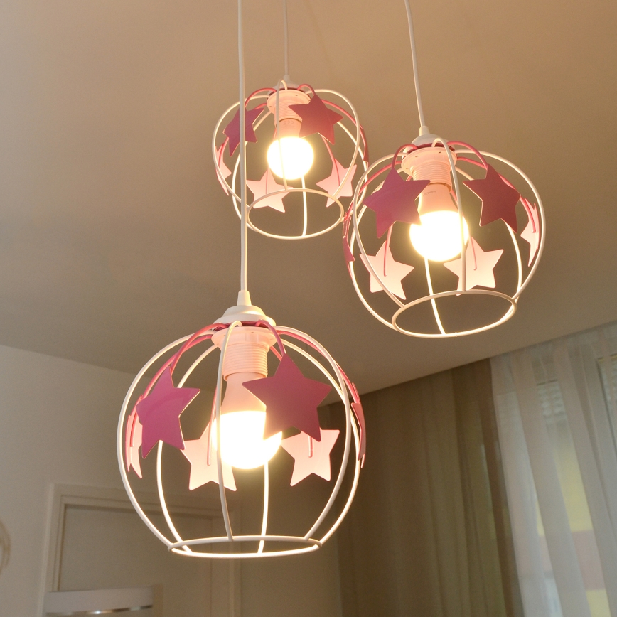 Dečiji luster na sajli STARS 3xE27/15W/230V roze/bela