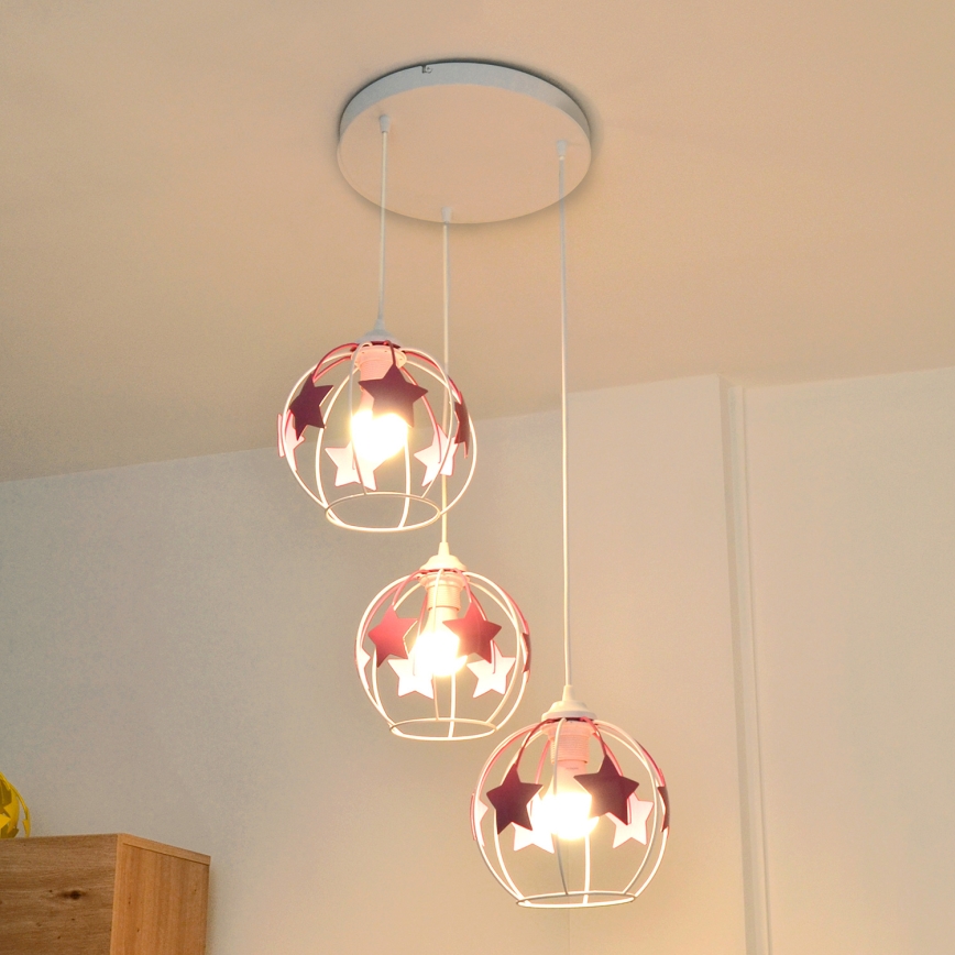 Dečiji luster na sajli STARS 3xE27/15W/230V roze/bela