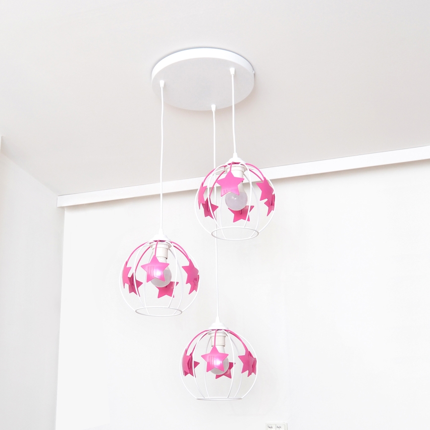 Dečiji luster na sajli STARS 3xE27/15W/230V roze/bela