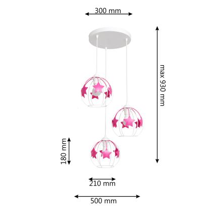 Dečiji luster na sajli STARS 3xE27/15W/230V roze/bela
