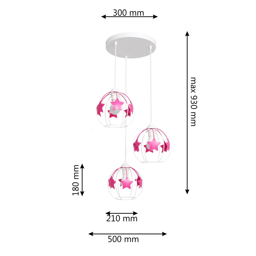 Dečiji luster na sajli STARS 3xE27/15W/230V roze/bela