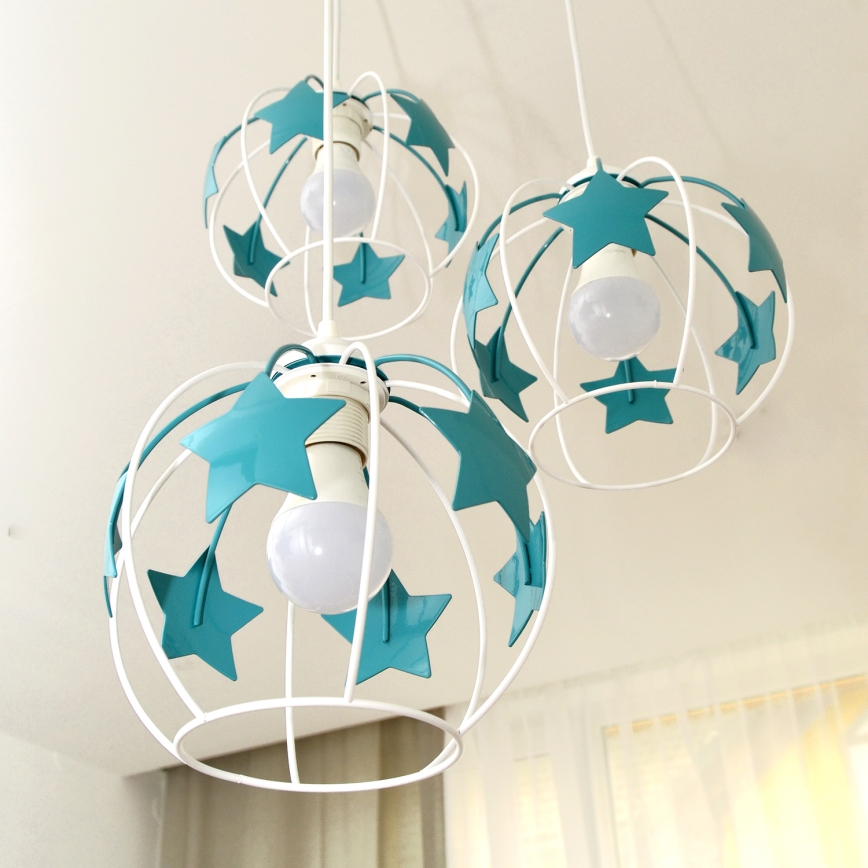 Dečiji luster na sajli STARS 3xE27/15W/230V tirkizna/bela