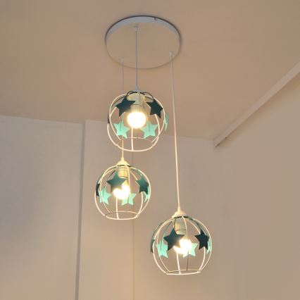 Dečiji luster na sajli STARS 3xE27/15W/230V tirkizna/bela