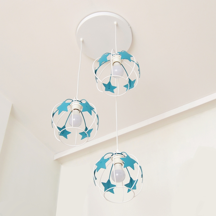 Dečiji luster na sajli STARS 3xE27/15W/230V tirkizna/bela