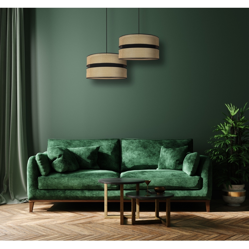 Duolla - Luster na sajli DUO 1xE27/15W/230V, prečnik 40 cm, ratan/crna