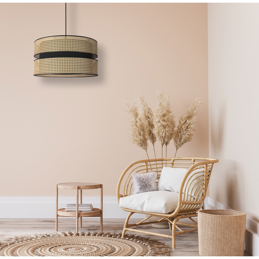 Duolla - Luster na sajli DUO 1xE27/15W/230V, prečnik 40 cm, ratan/crna