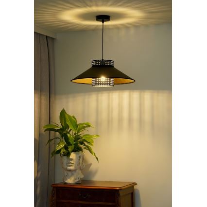 Duolla - Luster na sajli RIO RATTAN 1xE27/15W/230V pr. 45 cm crno/zlatna