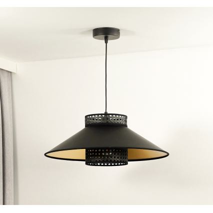 Duolla - Luster na sajli RIO RATTAN 1xE27/15W/230V pr. 45 cm crno/zlatna