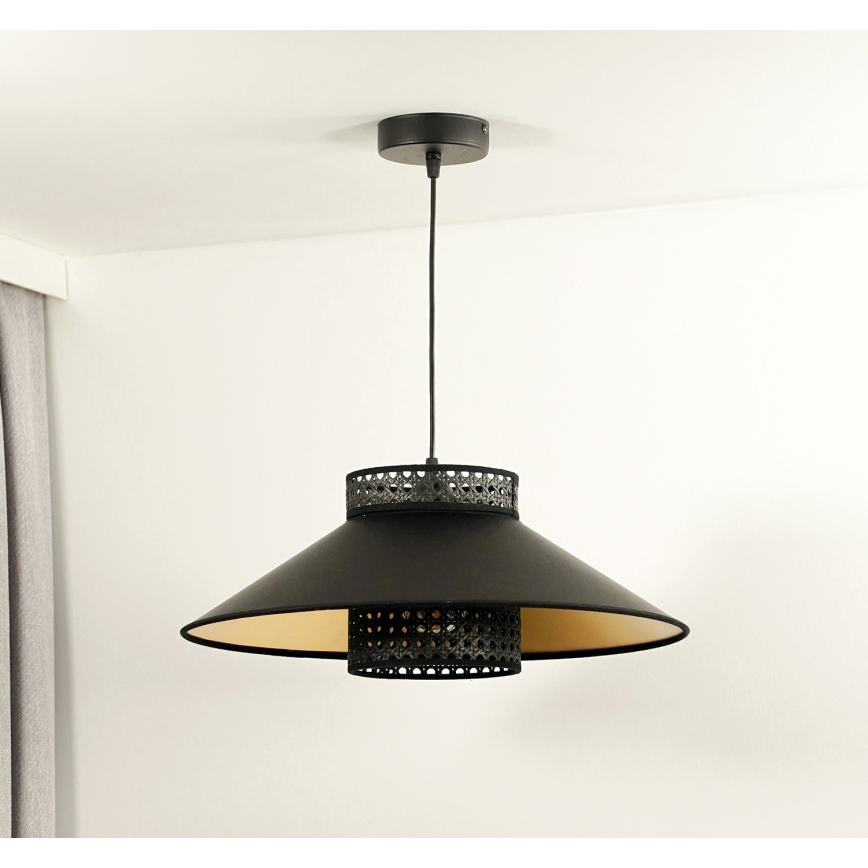 Duolla - Luster na sajli RIO RATTAN 1xE27/15W/230V pr. 45 cm crno/zlatna