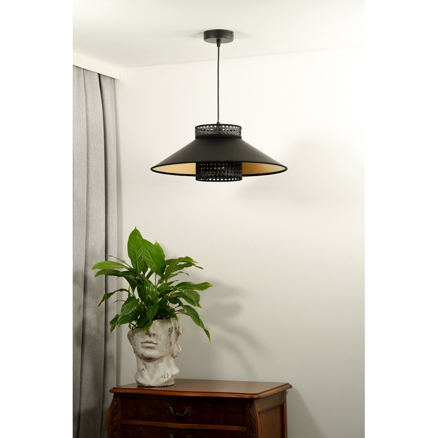 Duolla - Luster na sajli RIO RATTAN 1xE27/15W/230V pr. 45 cm crno/zlatna