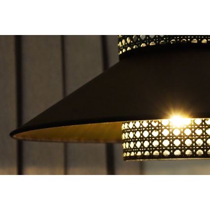 Duolla - Luster na sajli RIO RATTAN 1xE27/15W/230V pr. 45 cm crno/zlatna