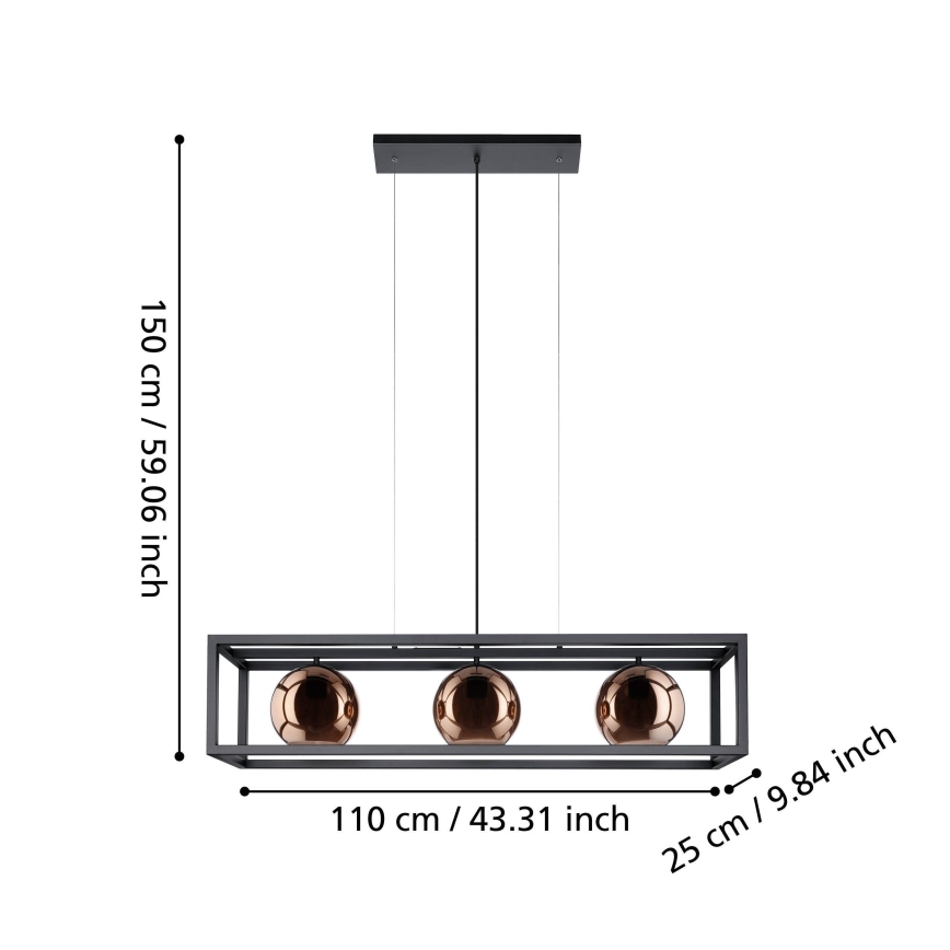 Eglo - Luster na sajli 3xE27/40W/230V bakrena/crno
