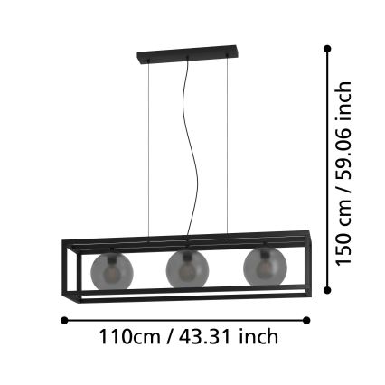 Eglo - Luster na sajli 3xE27/40W/230V sivo/crno