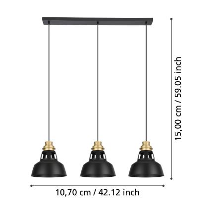 Eglo - Luster na sajli 3xE27/40W/230V crno/zlatna