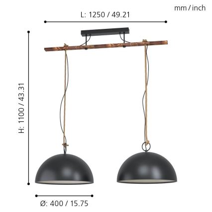 Eglo 78444 - Luster na sajli HODSOLL 2xE27/40W/230V crno/braon