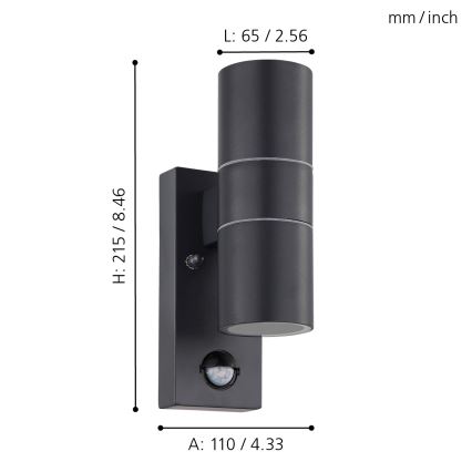 Eglo 79545- LED Zidno spoljašnje osvetljenje sa senzorom ARAPONGAS 2xGU10/2,8W/230V IP44 crno