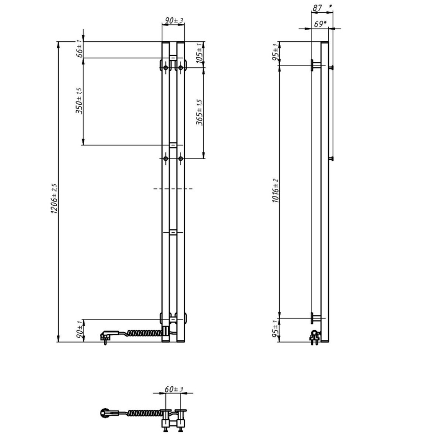 Električno sušilo za peškire sa termostatom SILOUETTE 187W/230V 120,6 cm IP44 crno desna uglast