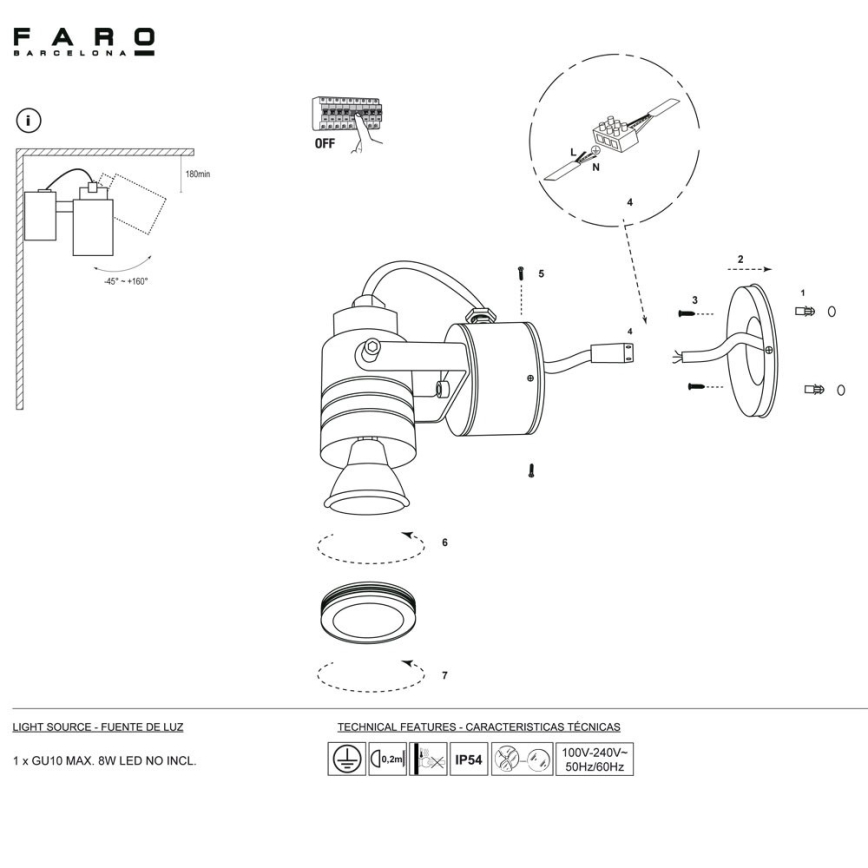 FARO 70260 - Spoljašnja zidna lampa LIT 1xGU10/8W/230V IP54