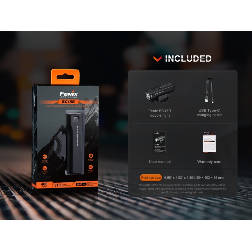 Fenix BC15R - LED Prigušiva punjiva lampa za bicikl LED/USB IP66 400 Im 31,5 h 2600 mAh