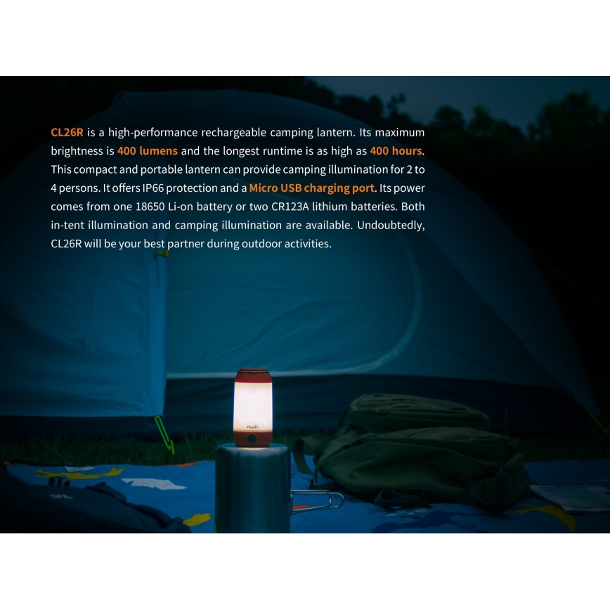 Fenix CL26RRED - LED Prigušiva prenosna punjiva lampa LED/USB/2xCR123A IP66 400 Im 400 h 2600 mAh narandžasta