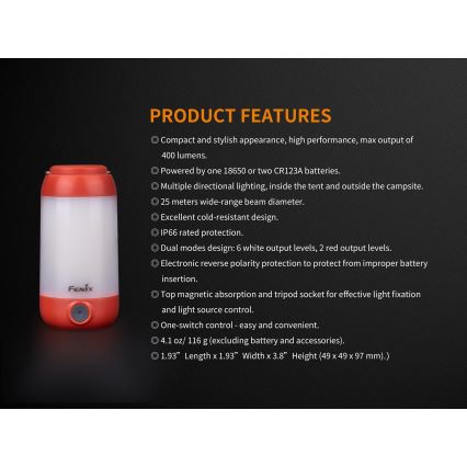 Fenix CL26RRED - LED Prigušiva prenosna punjiva lampa LED/USB/2xCR123A IP66 400 Im 400 h 2600 mAh narandžasta