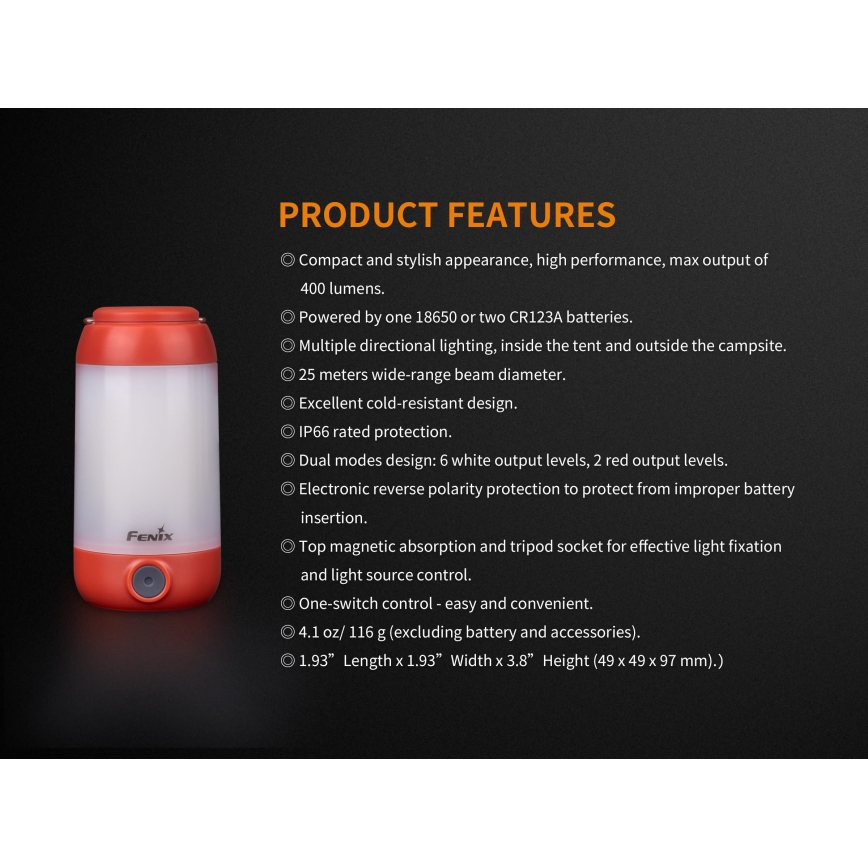 Fenix CL26RRED - LED Prigušiva prenosna punjiva lampa LED/USB/2xCR123A IP66 400 Im 400 h 2600 mAh narandžasta