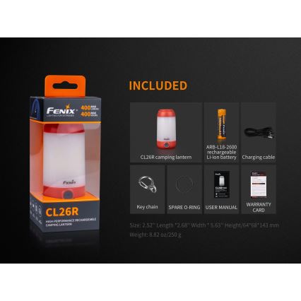 Fenix CL26RRED - LED Prigušiva prenosna punjiva lampa LED/USB/2xCR123A IP66 400 Im 400 h 2600 mAh narandžasta