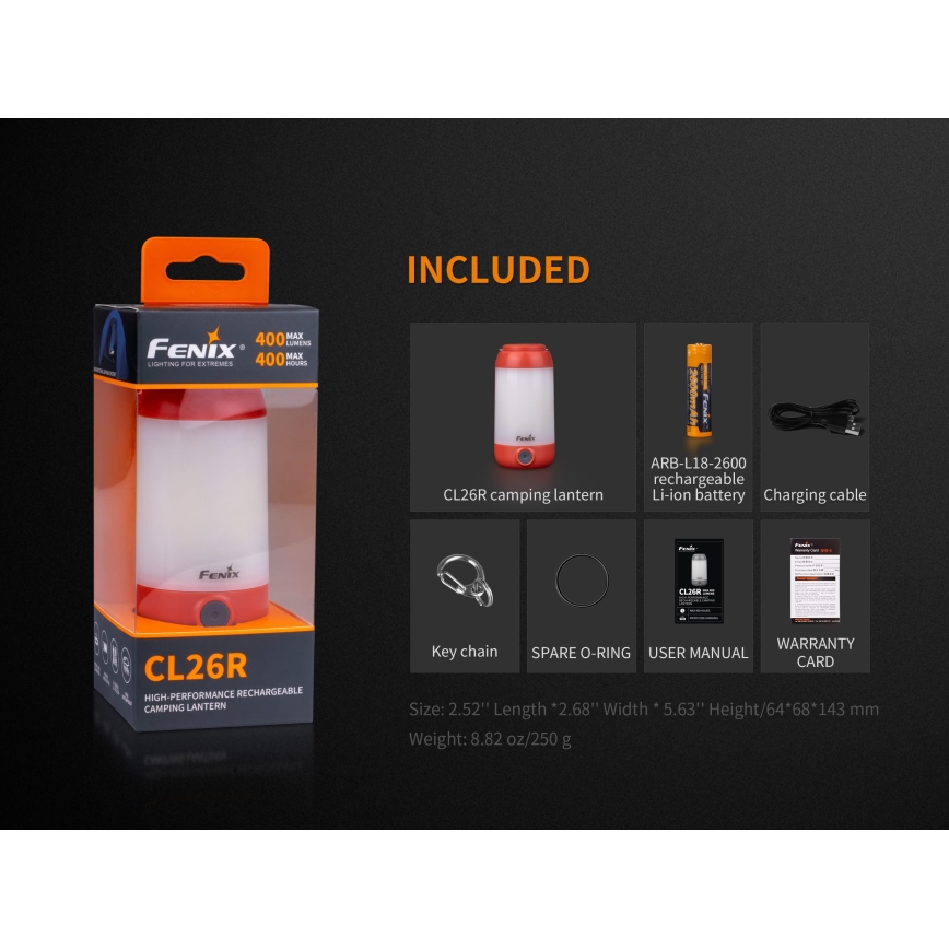 Fenix CL26RRED - LED Prigušiva prenosna punjiva lampa LED/USB/2xCR123A IP66 400 Im 400 h 2600 mAh narandžasta