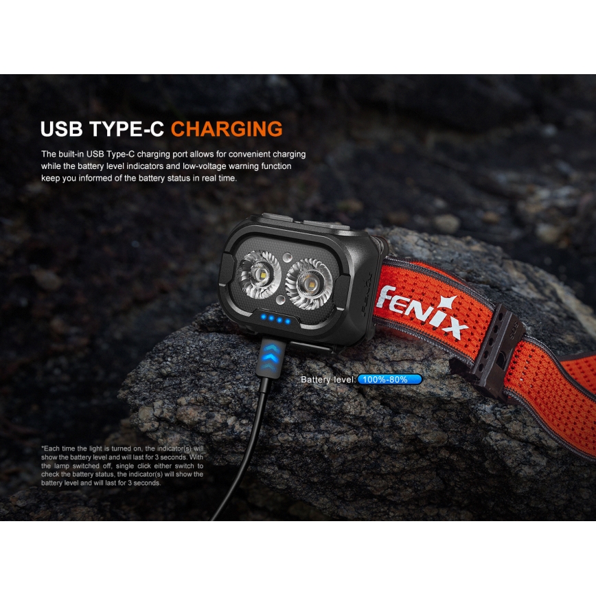 Fenix HL18RTV20BLC - LED Prigušiva punjiva čeona lampa LED/USB IP66 800 lm 160 h crno/narandžasta