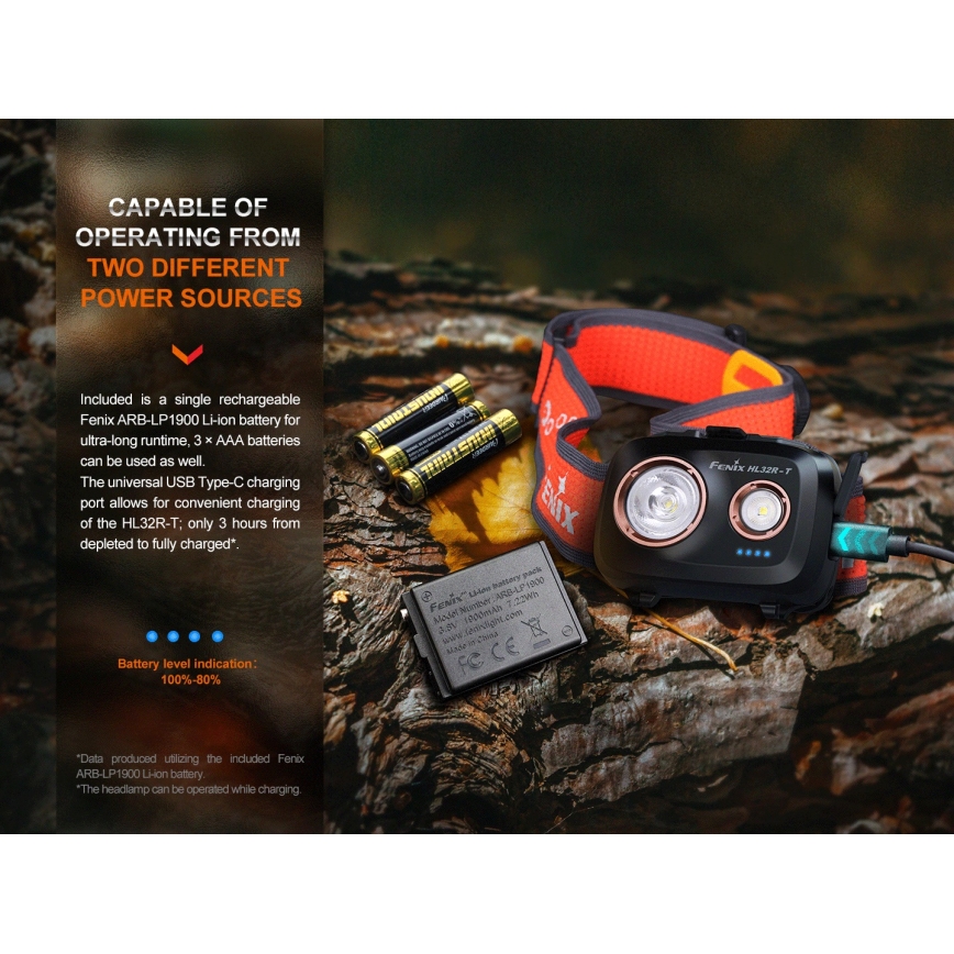 Fenix HL32RTBLCK - LED Punjiva čeona lampa LED/USB/3xAAA IP66 800 Im 300 h 1900 mAh crno/narandžasta