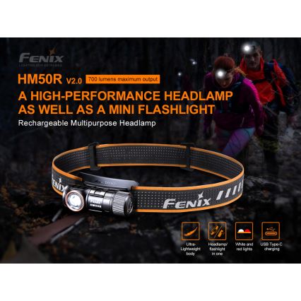 Fenix HM50RV20 - LED Punjiva čeona lampa 3xLED/USB/1xCR123A IP68 700 Im 120 h 700 mAh