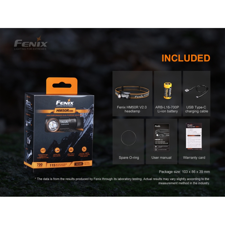 Fenix HM50RV20 - LED Punjiva čeona lampa 3xLED/USB/1xCR123A IP68 700 Im 120 h 700 mAh