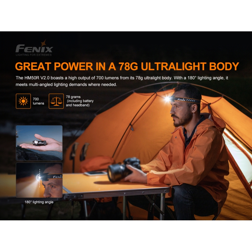 Fenix HM50RV20 - LED Punjiva čeona lampa 3xLED/USB/1xCR123A IP68 700 Im 120 h 700 mAh