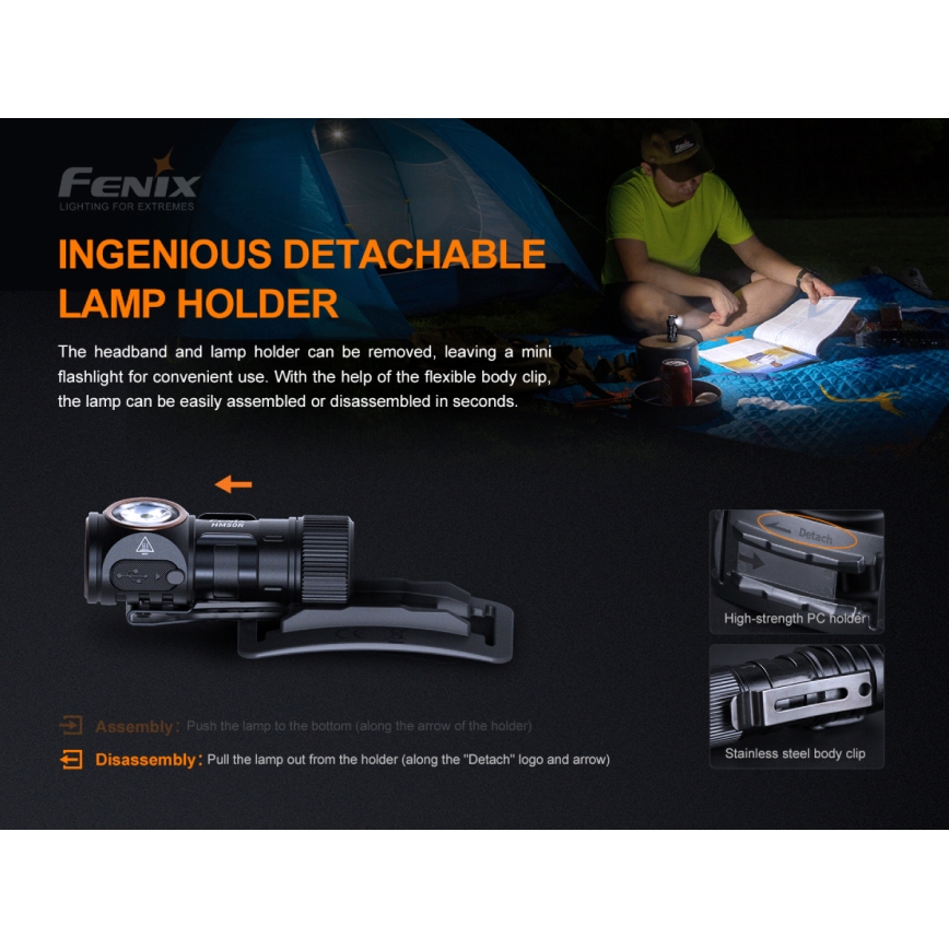 Fenix HM50RV20 - LED Punjiva čeona lampa 3xLED/USB/1xCR123A IP68 700 Im 120 h 700 mAh
