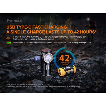 Fenix HM50RV20 - LED Punjiva čeona lampa 3xLED/USB/1xCR123A IP68 700 Im 120 h 700 mAh