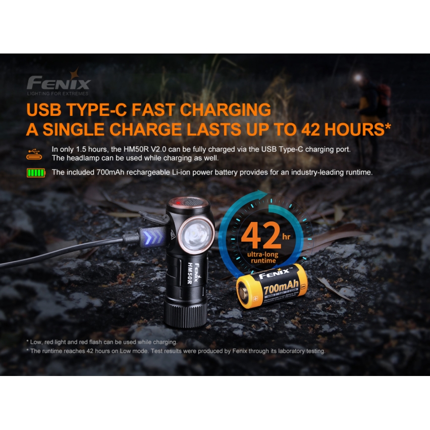 Fenix HM50RV20 - LED Punjiva čeona lampa 3xLED/USB/1xCR123A IP68 700 Im 120 h 700 mAh