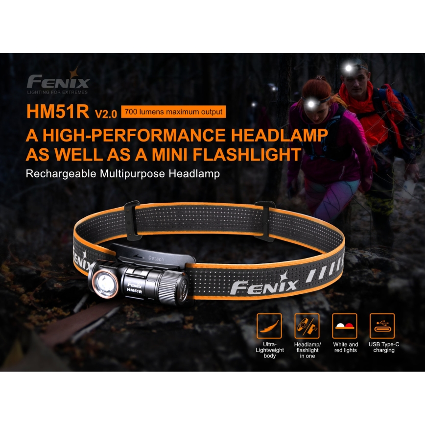 Fenix HM51RV20 - LED Punjiva čeona lampa 3xLED/1xCR123A/USB IP68 700 Im 120 h 700 m