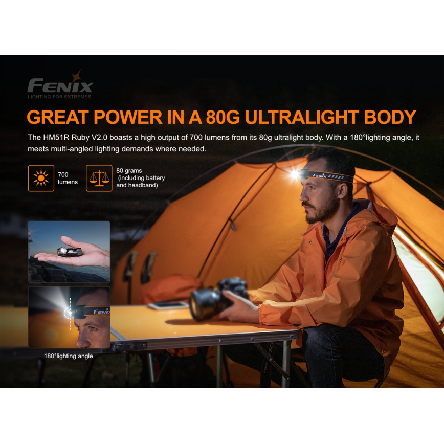 Fenix HM51RV20 - LED Punjiva čeona lampa 3xLED/1xCR123A/USB IP68 700 Im 120 h 700 m