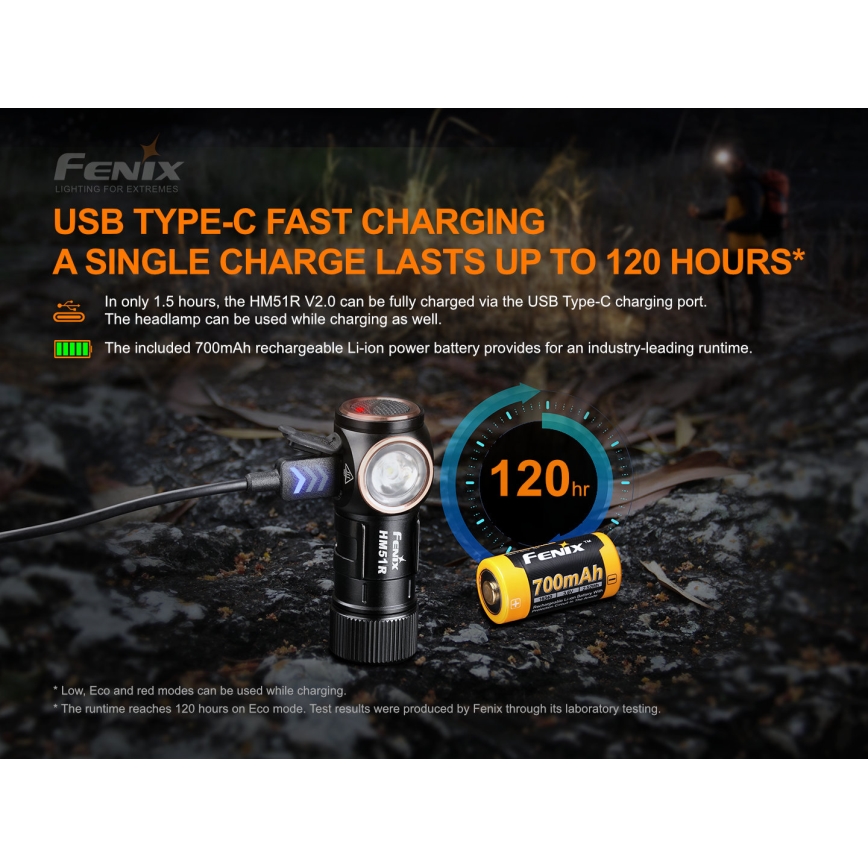 Fenix HM51RV20 - LED Punjiva čeona lampa 3xLED/1xCR123A/USB IP68 700 Im 120 h 700 m
